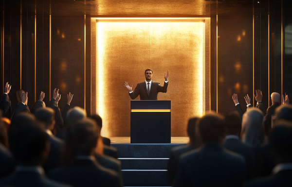 Executive at podium facing unexpected questions during Q&A session in corporate boardroom