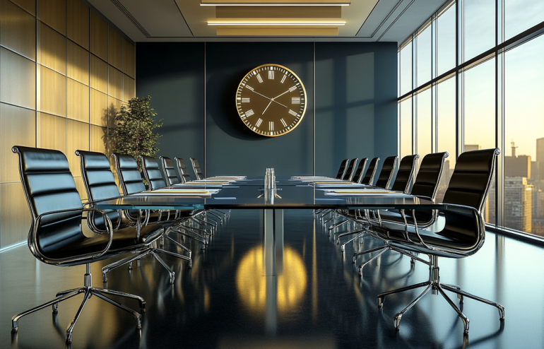Empty corporate boardroom after a meeting with a single clock on the wall and presentation materials left behind suggesting the critical post-meeting decision window