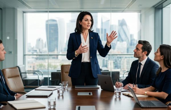 Executive confidently responding to a challenging question during a boardroom Q&A session, with colleagues listening attentively around a polished conference table in a modern glass-walled office