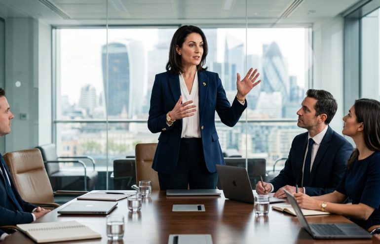 Executive confidently responding to a challenging question during a boardroom Q&A session, with colleagues listening attentively around a polished conference table in a modern glass-walled office