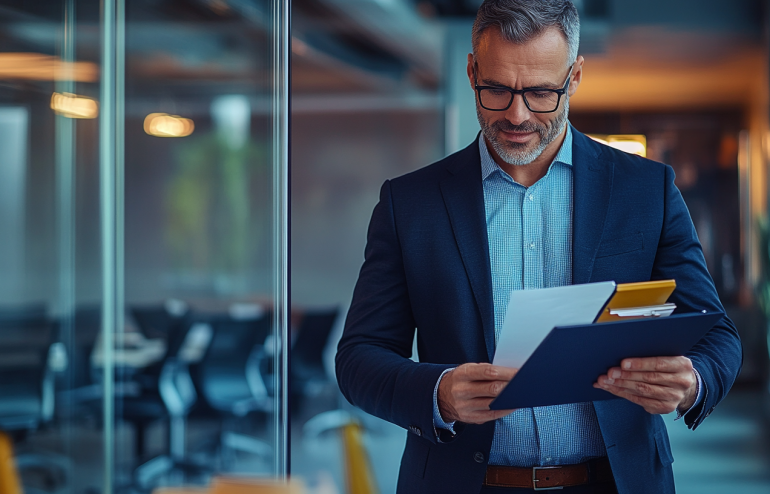 Executive reviewing structured Q&A briefing document at desk before high-stakes presentation