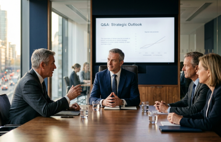 A composed senior male executive in a navy suit, listening attentively to a question during a Q&A in a premium corporate boardroom, four executives seated around a polished walnut table with a city skyline visible through floor-to-ceiling windows behind him.