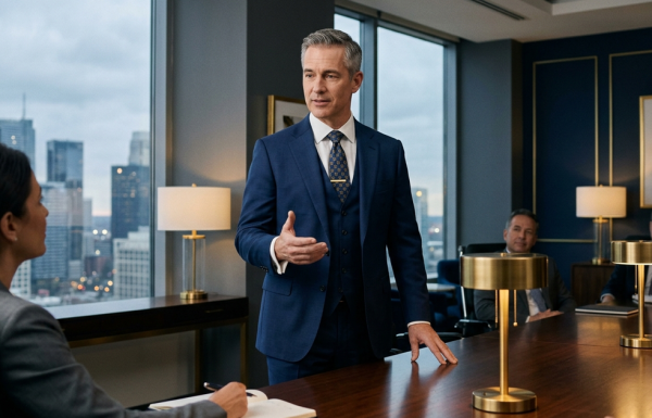 Senior executive composed mid-response to a director's question in a boardroom Q&A, navy and gold editorial palette.