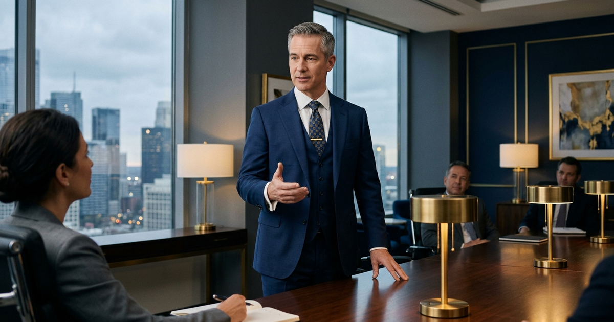 Senior executive answering a question calmly in a boardroom Q&A session, navy and gold editorial photography, attentive directors in foreground