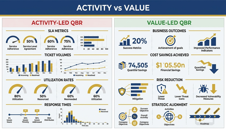 Comparison of activity-led versus value-led QBR presentation structures showing how metrics translate to client business outcomes