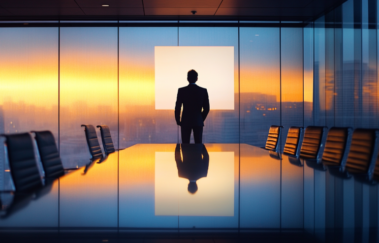 Executive standing at a glass boardroom table with a single clean slide projected on the wall, navy and gold tones, professional corporate environment