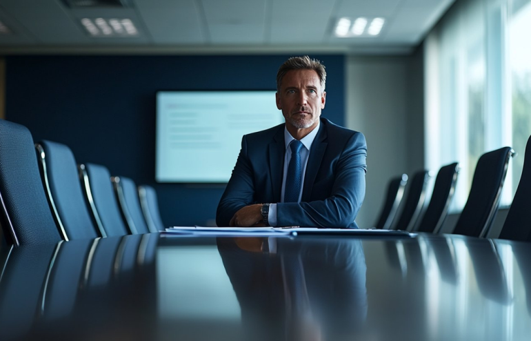 Executive sitting alone in empty boardroom after meeting ended without a decision, presentation screen still visible behind him, empty chairs on both sides