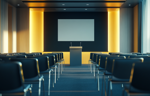 Executive standing at a podium in a corporate meeting room preparing to deliver a difficult announcement to staff