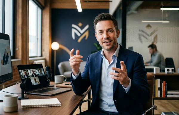 Male founder pitching investors via video call from a modern startup office, eye-level camera, navy and white office decor