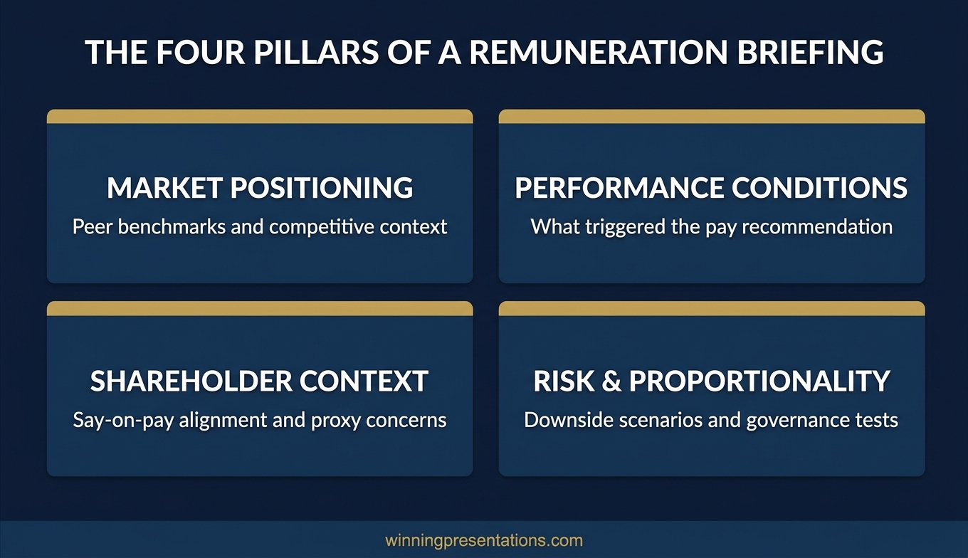Infographic showing the four pillars of a remuneration committee briefing: market positioning, performance conditions, shareholder context, and risk and proportionality