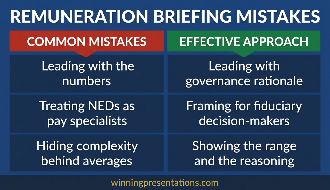 Infographic showing a seven-slide structure for a remuneration committee briefing with governance context, market data, performance conditions, shareholder lens, and recommendation