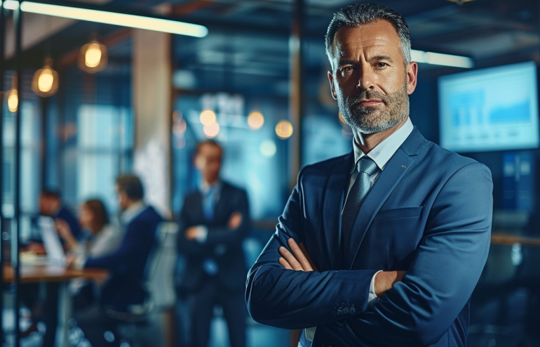 Senior executive standing protectively with team working behind him during corporate reorganisation