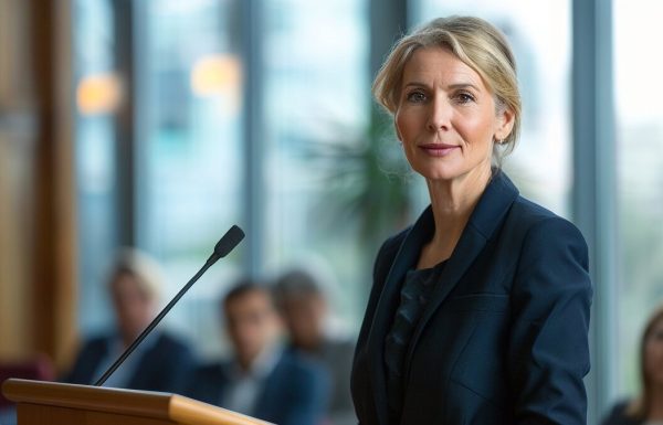 Female executive delivering a restructuring announcement at a corporate town hall with employees in background