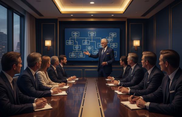 Business meeting: a presenter explains a flowchart on a blue screen to colleagues around a large conference table.