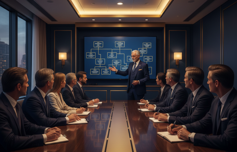 Business meeting: a presenter explains a flowchart on a blue screen to colleagues around a large conference table.