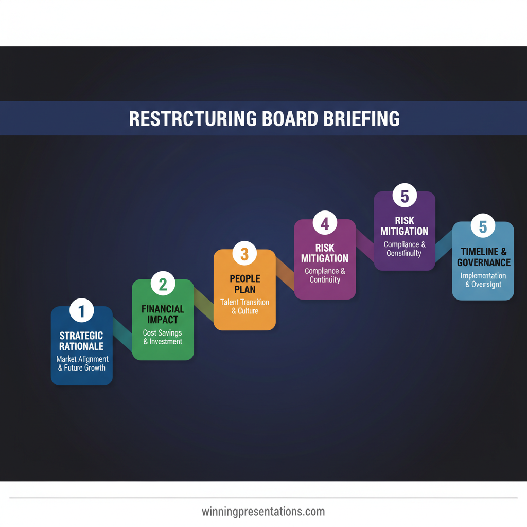 Infographic showing the three-part strategic rationale structure for a board restructuring deck: current state, strategic imperative, and cost of inaction