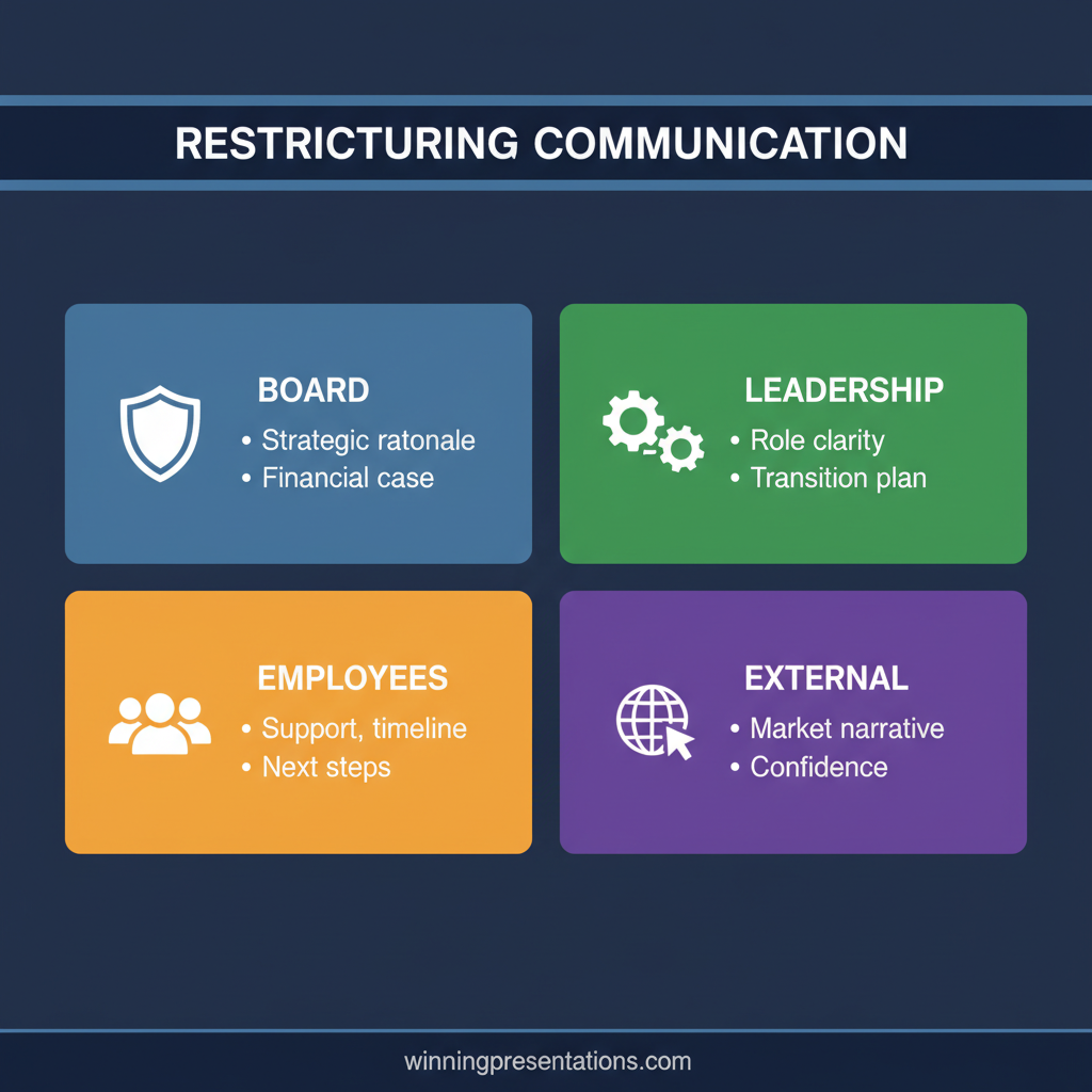 Infographic showing a board-level organisational change delivery checklist with pacing, empathy, and decision-slide guidance
