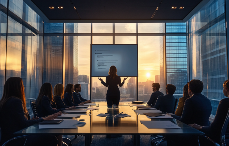 Executive presenting restructuring announcement to team in modern glass boardroom with trust and clarity