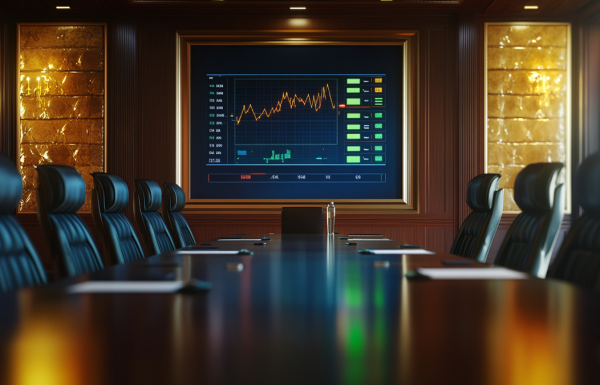 Board meeting room with a clean risk appetite dashboard on the presentation screen showing traffic light indicators