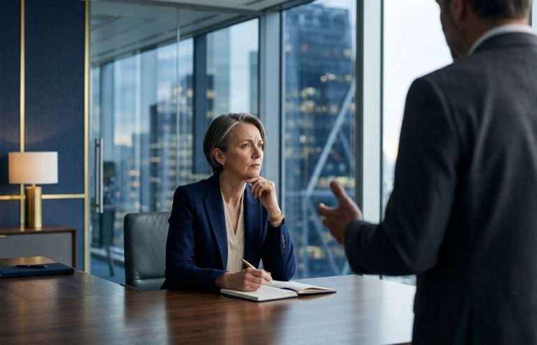 Thoughtful female CEO in a navy blazer listening to a male executive presenter in a modern glass-walled office