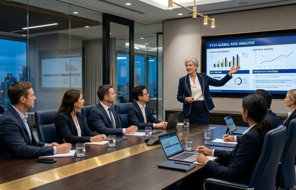 Businesswoman presents financial dashboards to a diverse team in a modern conference room around a long table.
