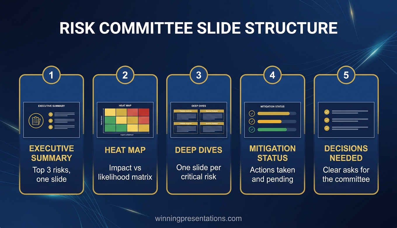 Comparison of risk data presentation methods showing traditional heat map versus movement arrows and risk appetite overlay with governance-level annotations