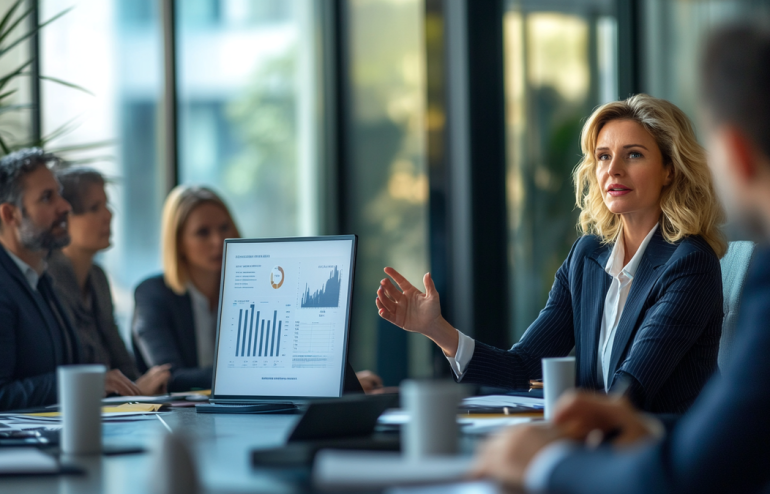 Female executive presenting risk assessment to a serious risk committee in a modern boardroom, showing risk matrix slide on screen, navy and gold corporate aesthetic