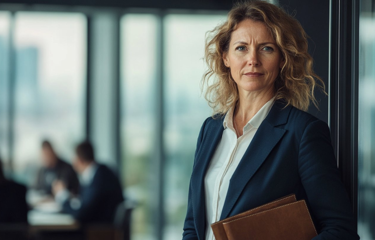 Professional woman in a navy suit stands in a modern office, holding a brown leather folder.