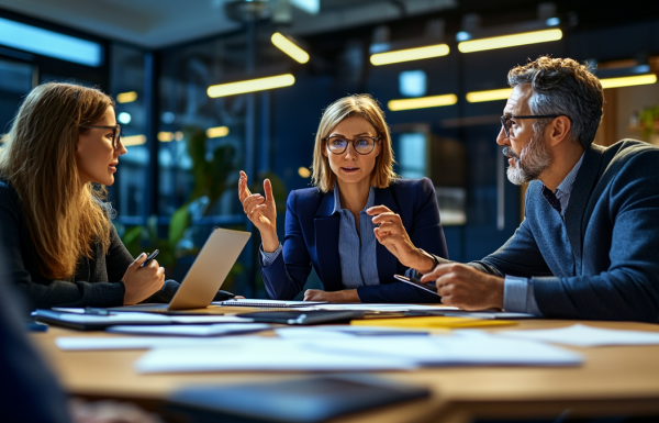 Small team of executives gathered around a boardroom table in an intense Q&A rehearsal session with one person gesturing