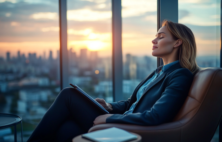 Quiet moment of reflection before a high-stakes presentation showing a calm professional environment