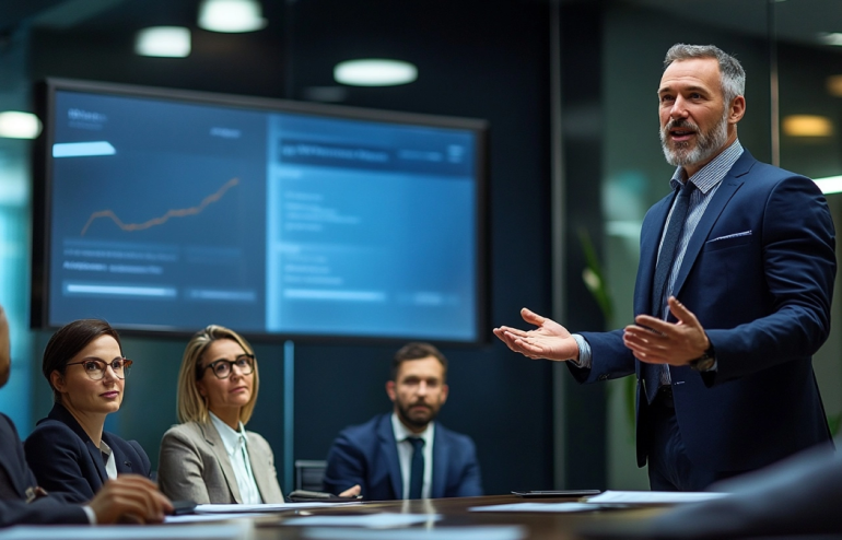 A senior executive commanding a boardroom presentation, speaking with authority to a small C-suite audience, projected slides visible, editorial photography style