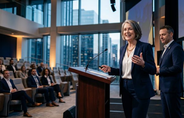 Professional woman in a navy suit delivering a speech at a wooden podium in a modern conference hall, audience listening.