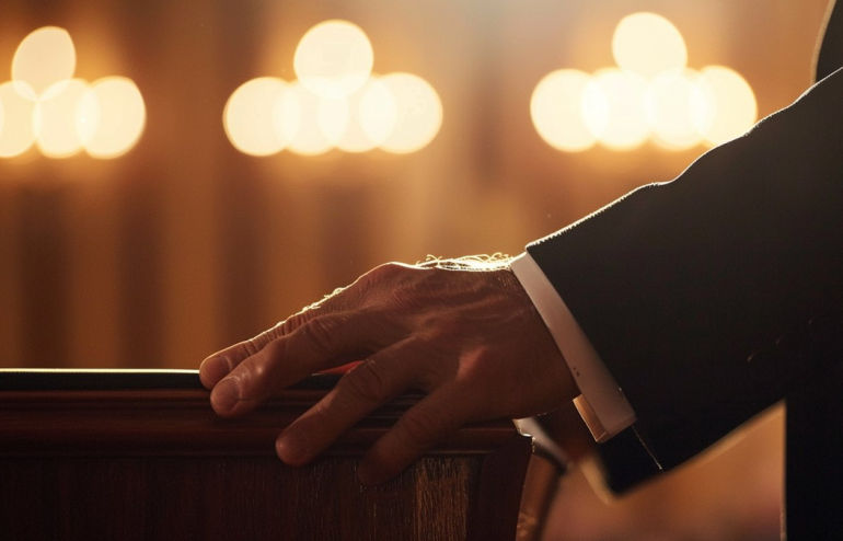 (1200×675)Professional's hand gripping the edge of a podium during a presentation, knuckles visible, warm golden stage lighting in background