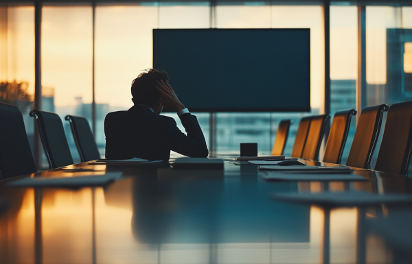 Executive sitting alone at a conference table after a presentation replaying the moment in their mind with head slightly bowed and hand on forehead, empty boardroom with presentation screen dark behind them, navy and gold corporate aesthetic