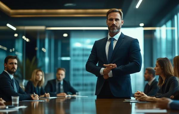 Executive confidently answering a question during a boardroom Q&A session with colleagues listening attentively