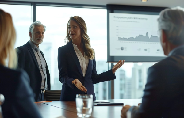 Professional woman presenting data to senior executives in corporate boardroom, gesturing confidently toward screen showing charts while boss's boss observes the skip-level presentation
