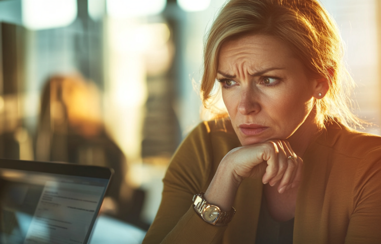 Executive woman with glasses looking frustrated at laptop screen while reviewing presentation slides