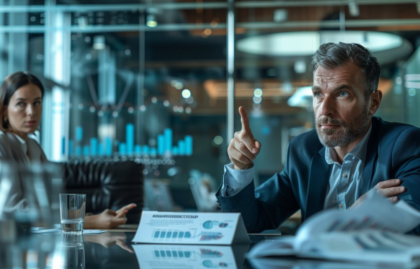 Executive raising finger to challenge data during boardroom presentation while colleague looks on, charts and reports spread across conference table