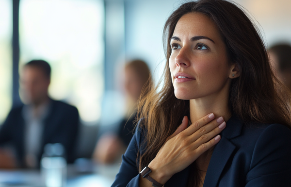 Professional woman in meeting with hand on chest, using self-calming technique, moment of composed confidence