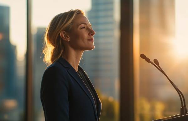 Professional woman in navy blazer standing at podium with eyes closed, taking a calming breath before presentation, golden sunset light through office windows