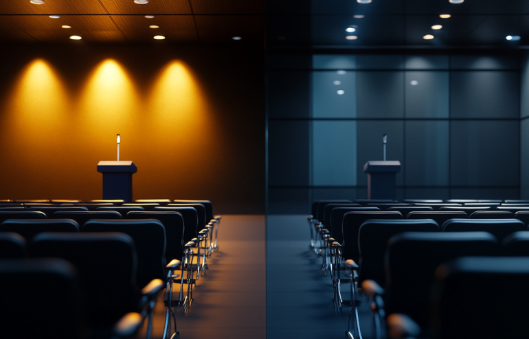 Split corporate scene showing confident executive at podium on one side and anxious professional in meeting room on other side representing stage fright versus social anxiety