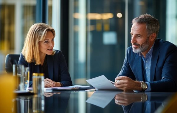 Senior executive in a focused one-to-one pre-meeting with a colleague in a glass-walled corporate office, reviewing a proposal document together, navy and gold tones, editorial photography style