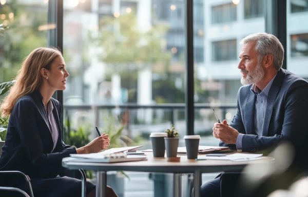 A senior female executive in a one-to-one conversation with a male board member in a glass-walled office, building alignment before a formal meeting, confident and collaborative tone, editorial photography style