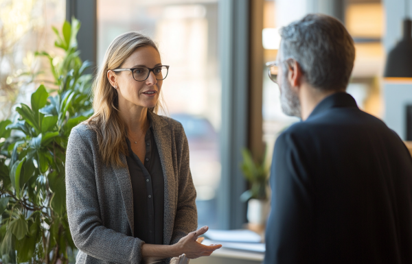 Professional woman having one-on-one stakeholder conversation with hand gesture, engaging colleague in discussion