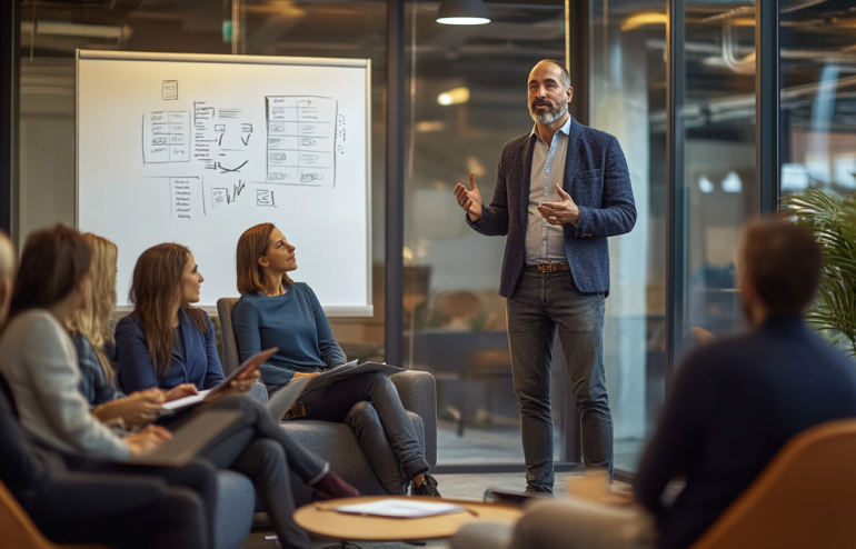 Executive leader addressing a small group of team members in a glass-walled meeting room during an organisational change discussion