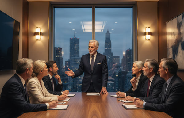 Man in a navy suit stands at the head of a conference table addressing colleagues in a boardroom with a city skyline outside the window? (informative)