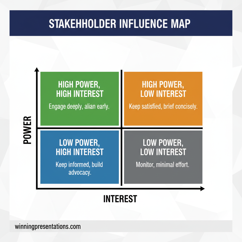 Infographic showing three stakeholder alignment frameworks: priority mapping, influence architecture, and concession mapping — with key questions for each