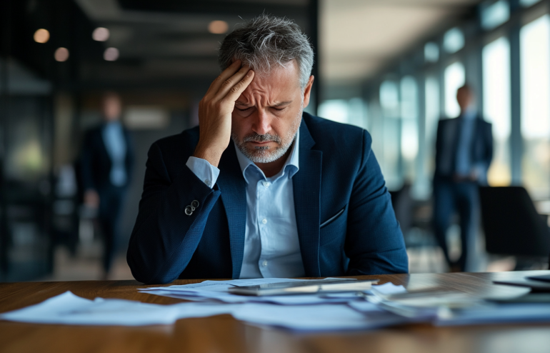 Executive sitting alone at boardroom table with hand on forehead after failed presentation, colleagues walking away in background