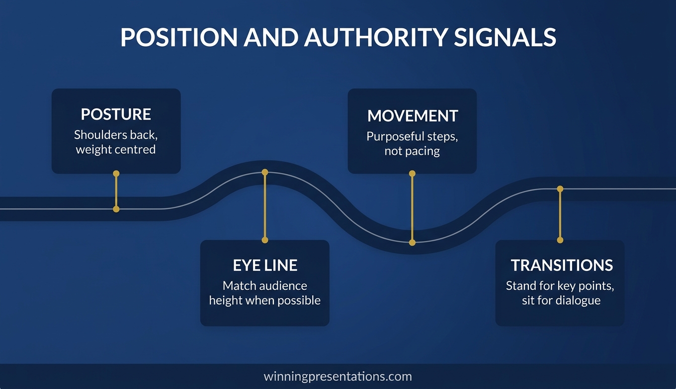 Managing presentation anxiety by position: standing strategies include grounding feet and deliberate movement; sitting strategies include anchoring hands and controlled breathing techniques