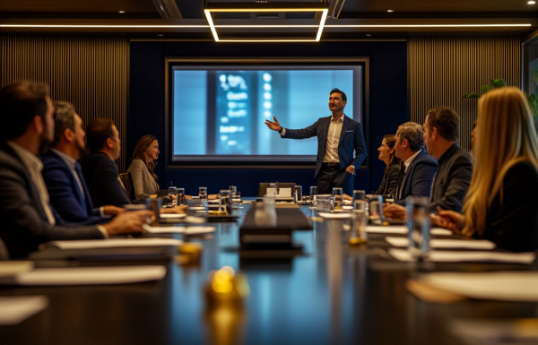 Steering committee meeting setting with a decision-focused presentation displayed on a conference room screen